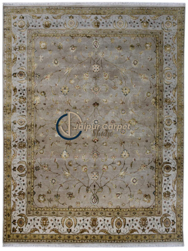 Majestic Allure - Hand-Knotted Silk Rug with Embossed Carvings in Antique Beige