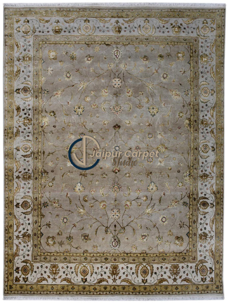 Majestic Allure - Hand-Knotted Silk Rug with Embossed Carvings in Antique Beige