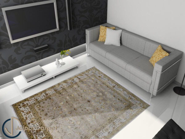 Majestic Allure - Hand-Knotted Silk Rug with Embossed Carvings in Antique Beige - Image 2
