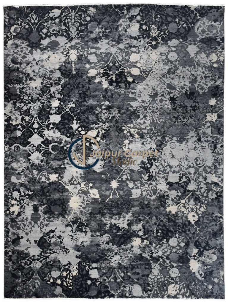 Midnight Bloom – Hand-Knotted Wool Rug with Floral Elegance