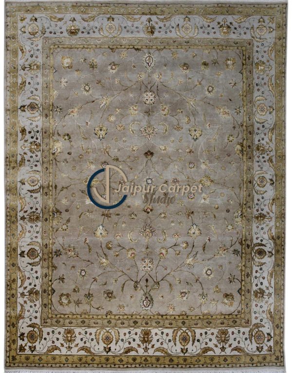 Majestic Allure - Hand-Knotted Silk Rug with Embossed Carvings in Antique Beige