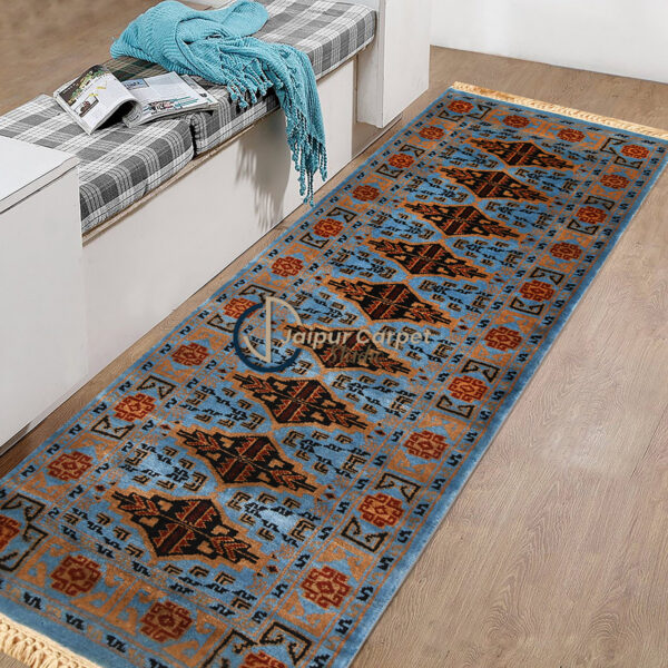 Cerulean Dynasty Runner – Wool Persian-Mughal Carpet - Image 2