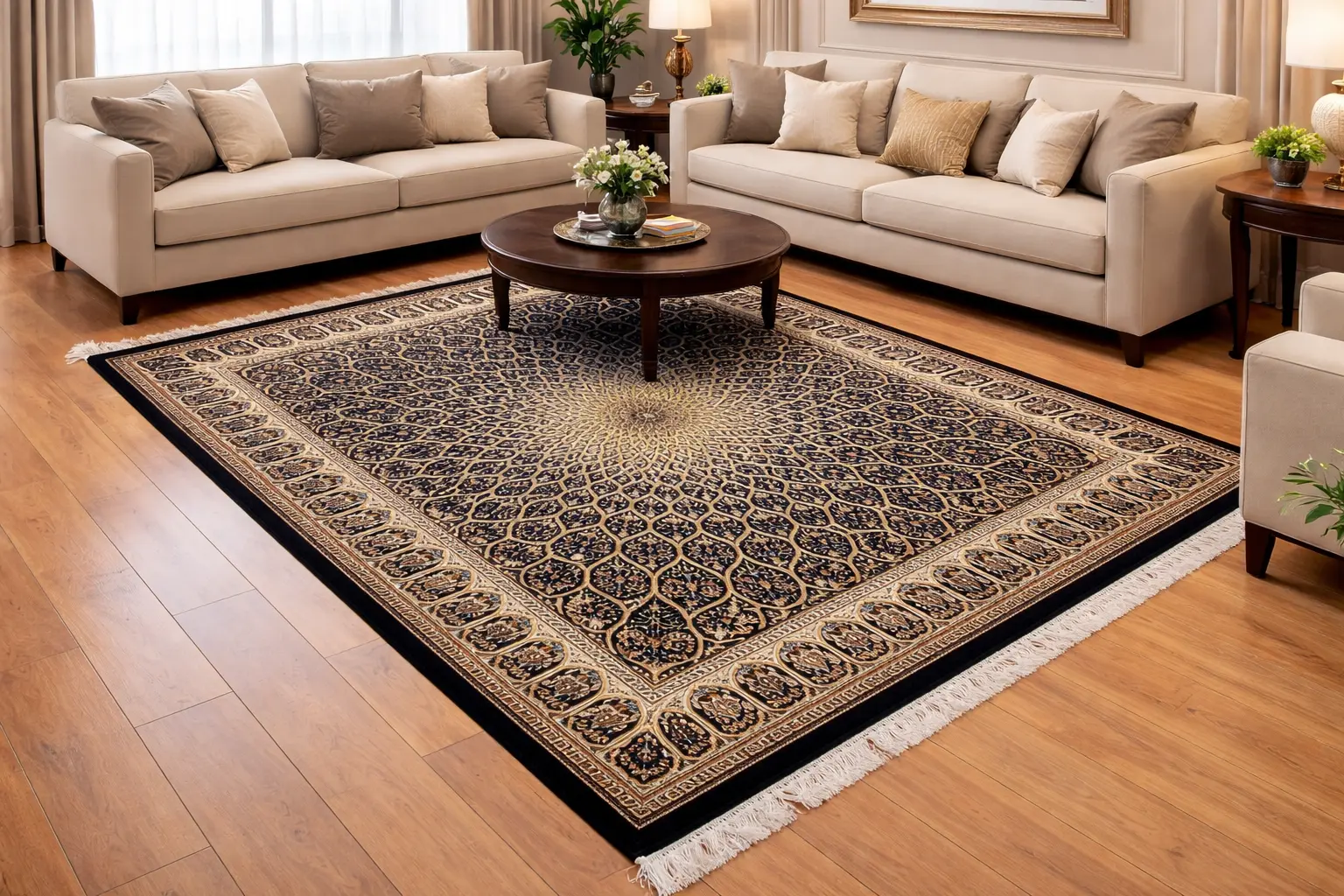 A beautiful living room showcasing a perfectly placed hand knotted Jaipur rug