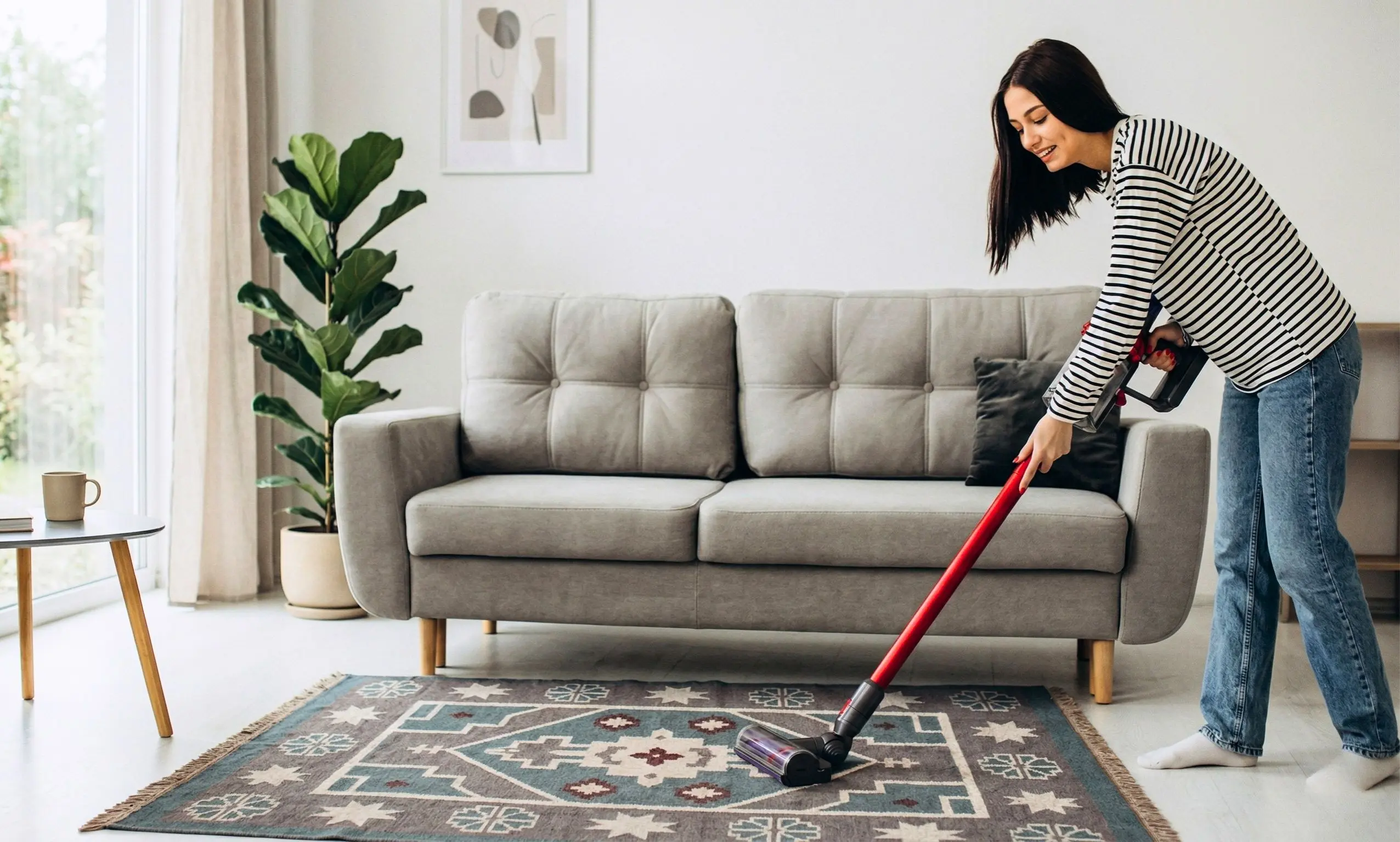 A person gently vacuuming a high quality wool rug without using a beater bar